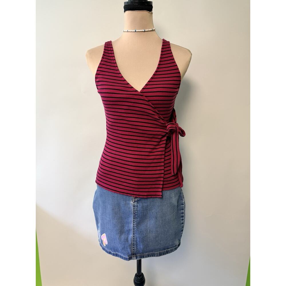 Y2K Express Womens Wrap Tank Top Tie Side Pink Ribbed Small Stretch V-neck 2000s